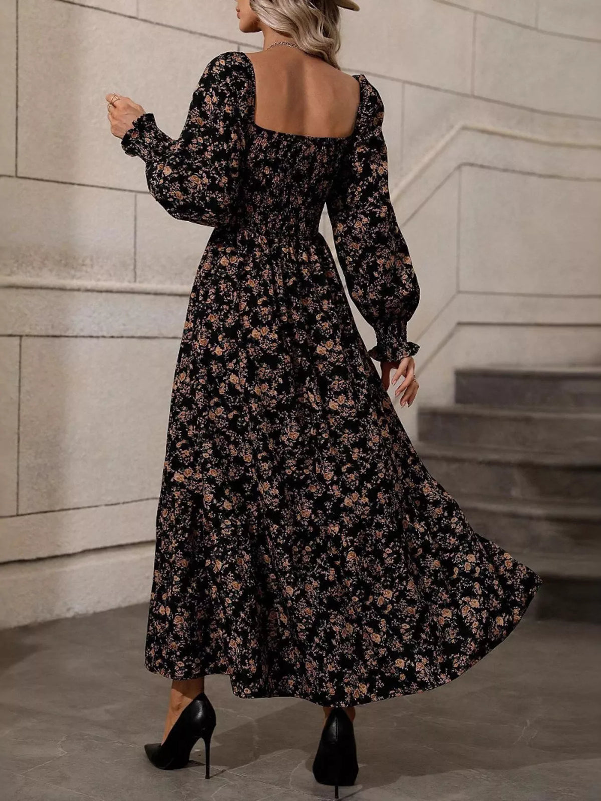 Floral Print Square Neck Smocked Midi Dress - Lilixa.store