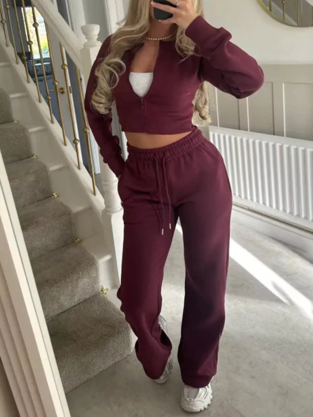 Zip-Up Crop Hoodie and High-Waisted Pants Set - Lilixa.store