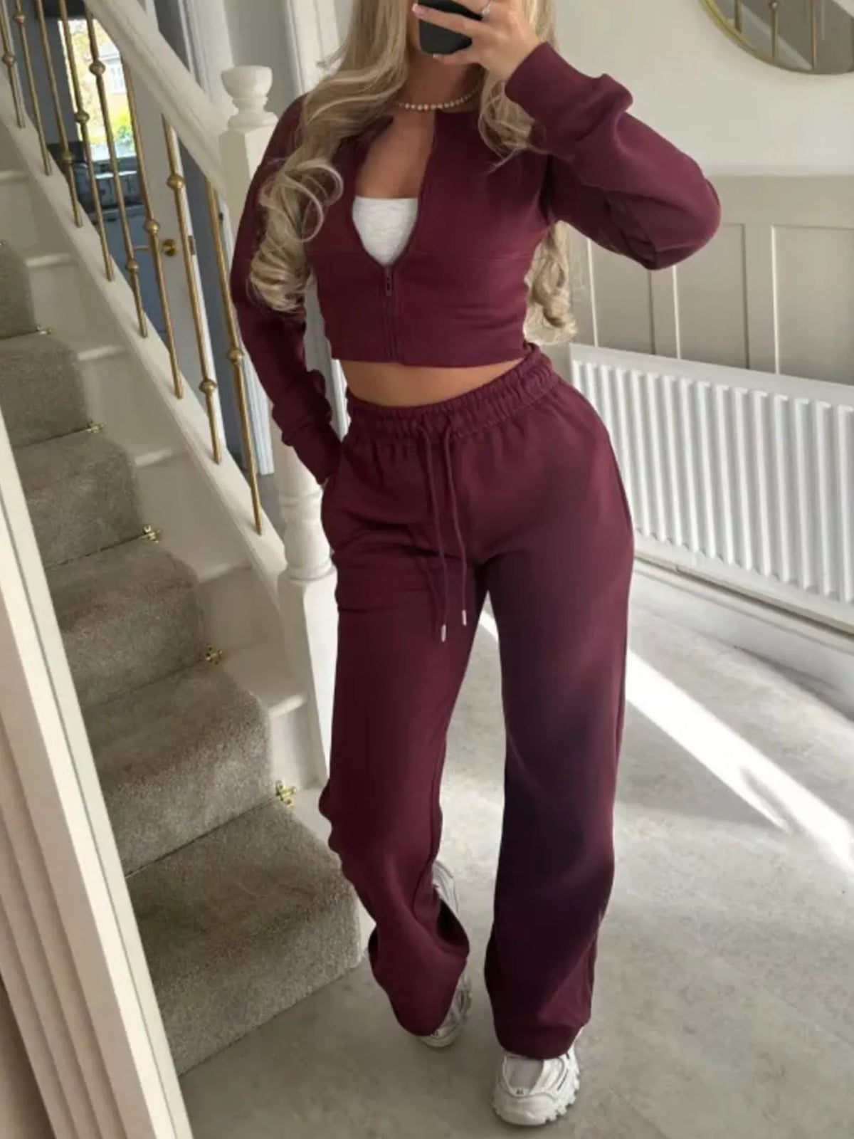 Zip-Up Crop Hoodie and High-Waisted Pants Set - Lilixa.store