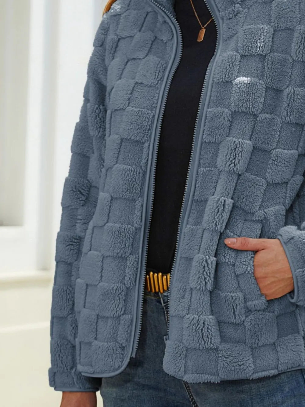 Fuzzy Checkered Zip Up Jacket, view 12