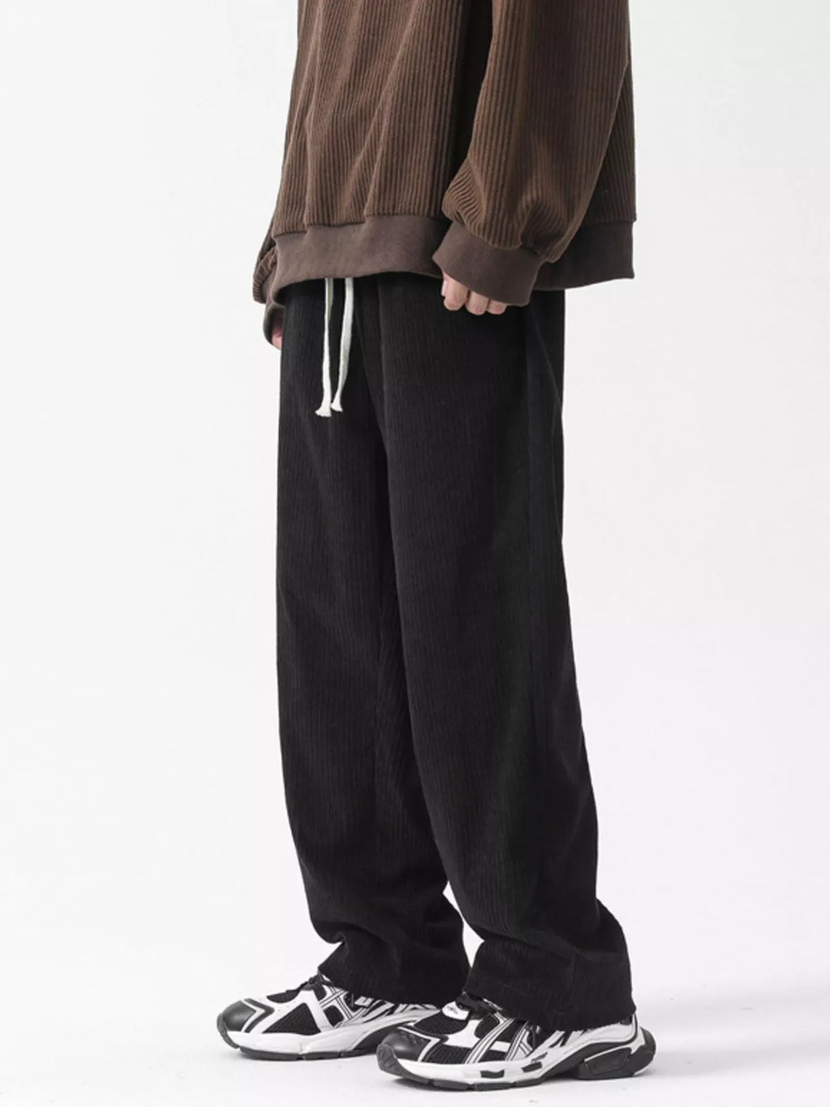 Men's Full Size Drawstring Wide Leg Corduroy Pants Plus Size in Black