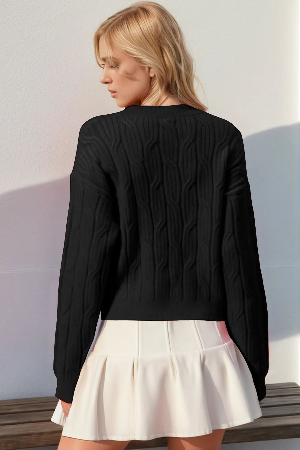 Double Take Full Size Bow Cable-Knit Round Neck Sweater - Lilixa.store
