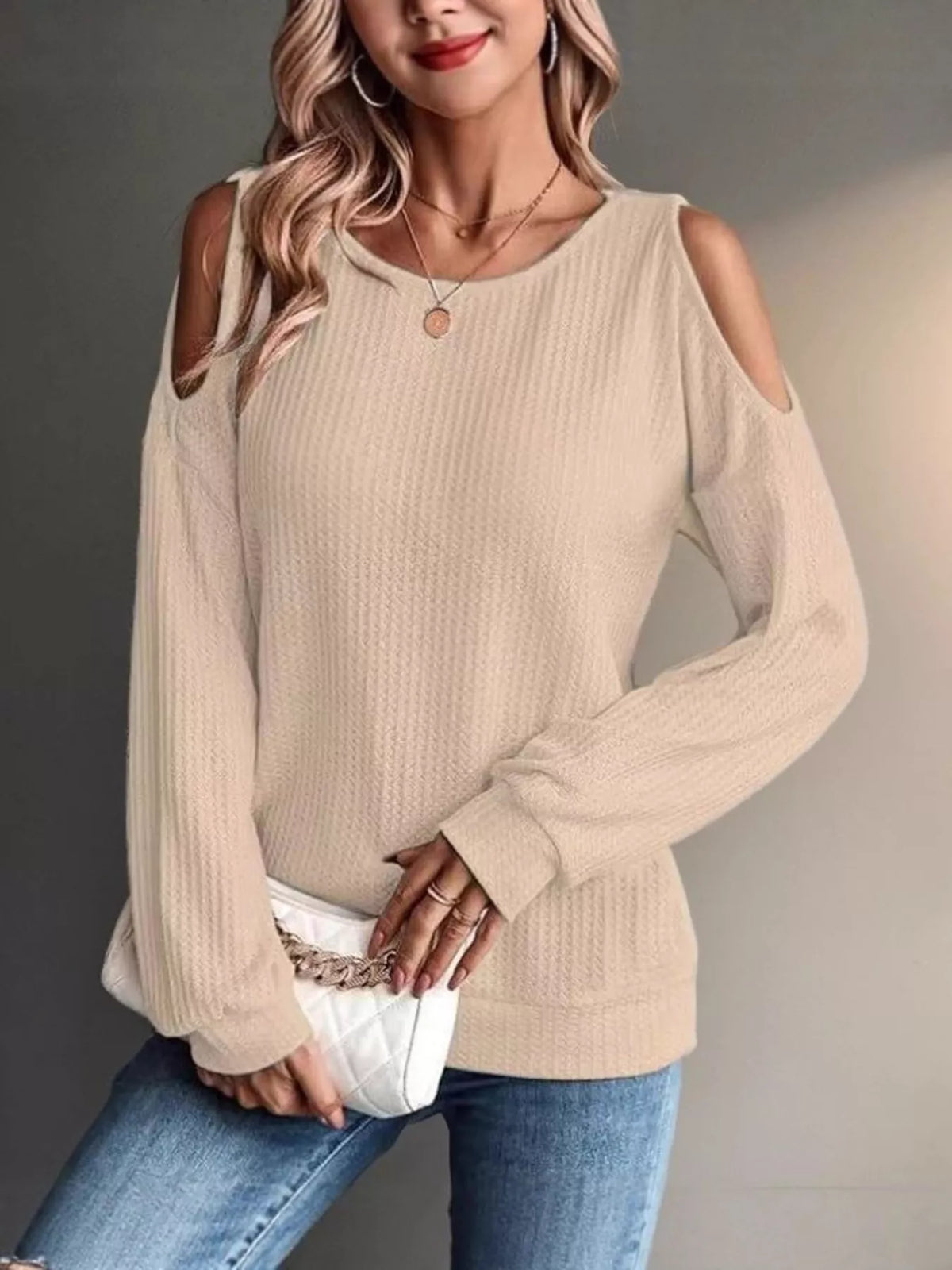 Solid Color Cold Shoulder Long Sleeve T-Shirt - Lilixa.store