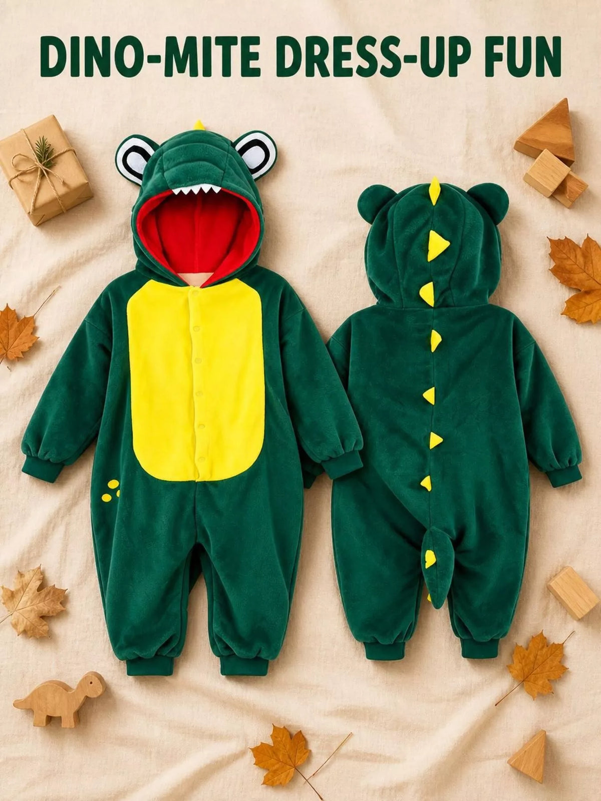 Children's Dinosaur Hooded Fleece One-Piece Jumpsuit - Lilixa.store