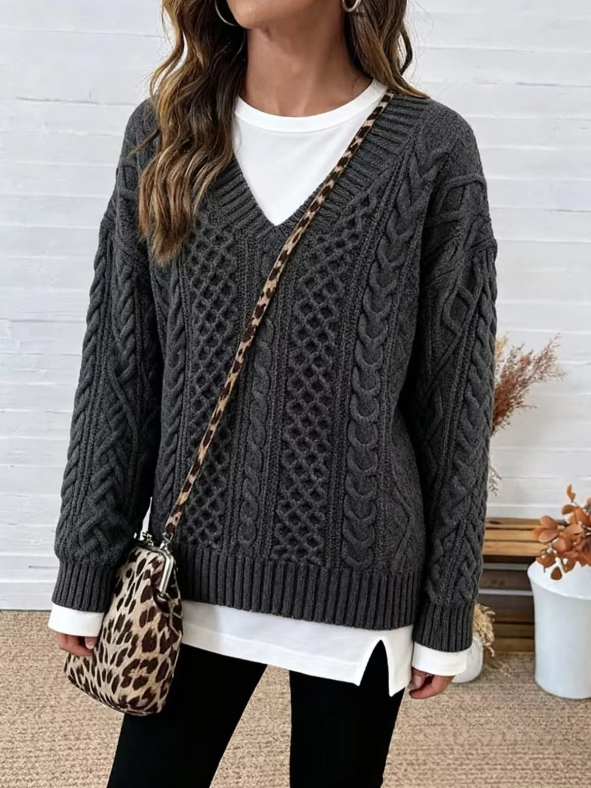 Full Size Cable Knit Dropped Shoulder Sweater Plus Size
