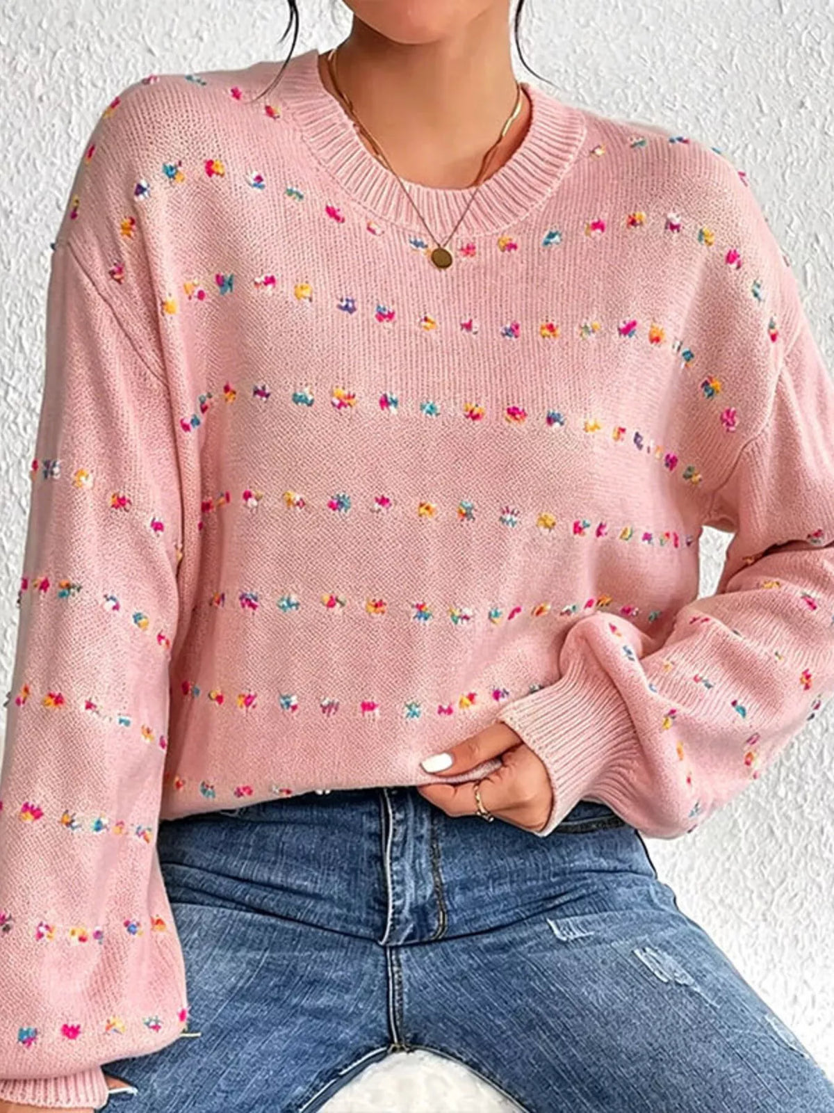 Multi-Color Confetti Dot Drop Shoulder Sweater in Pink