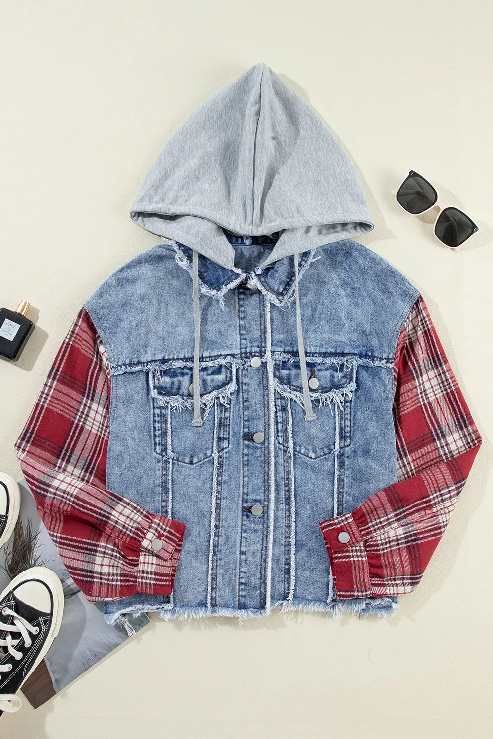 Raw Hem Drawstring Plaid Denim Jacket, view 5
