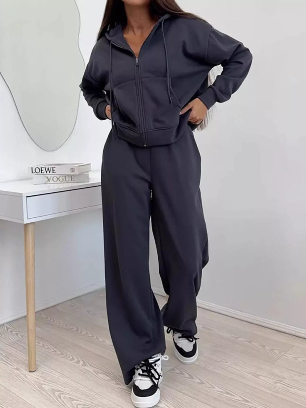 Zip-Up Hoodie and Wide-Leg Pants Set - Lilixa.store