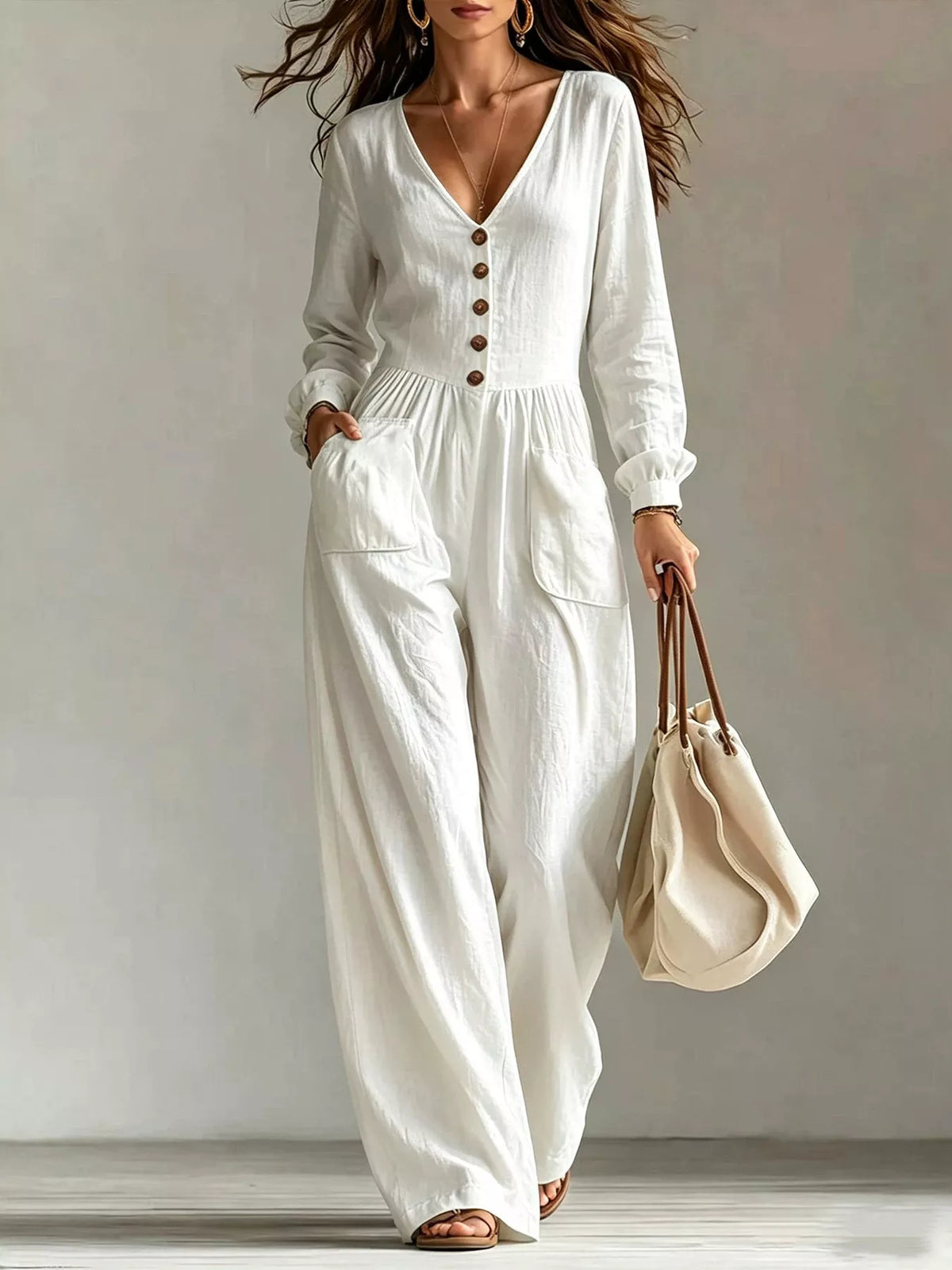 V-Neck Long Sleeve Button Front Wide-Leg Jumpsuit