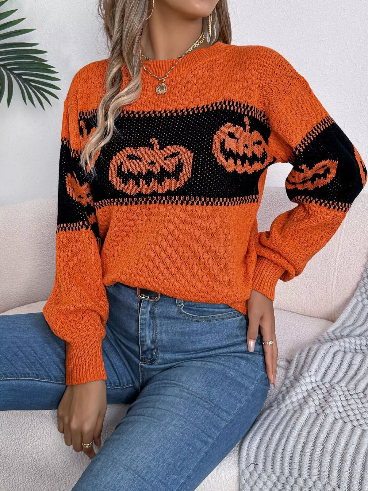 Halloween Pumpkin Pattern Round Neck Sweater, view 5