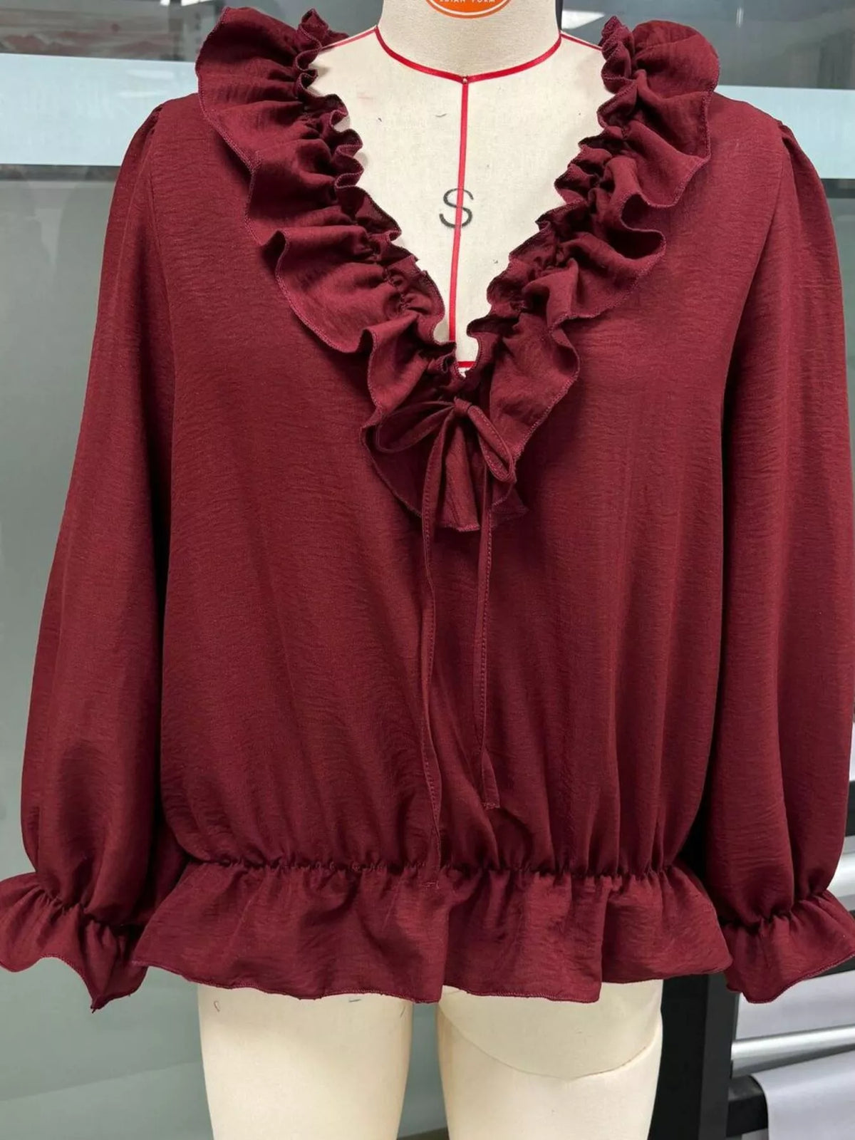 Ruffle V-Neck Long Sleeve Blouse, view 7