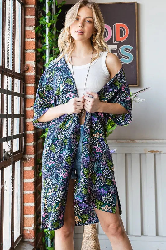 Heimish Full Size Half Sleeve Floral Open Cardigan Plus Size in Navy, view 9