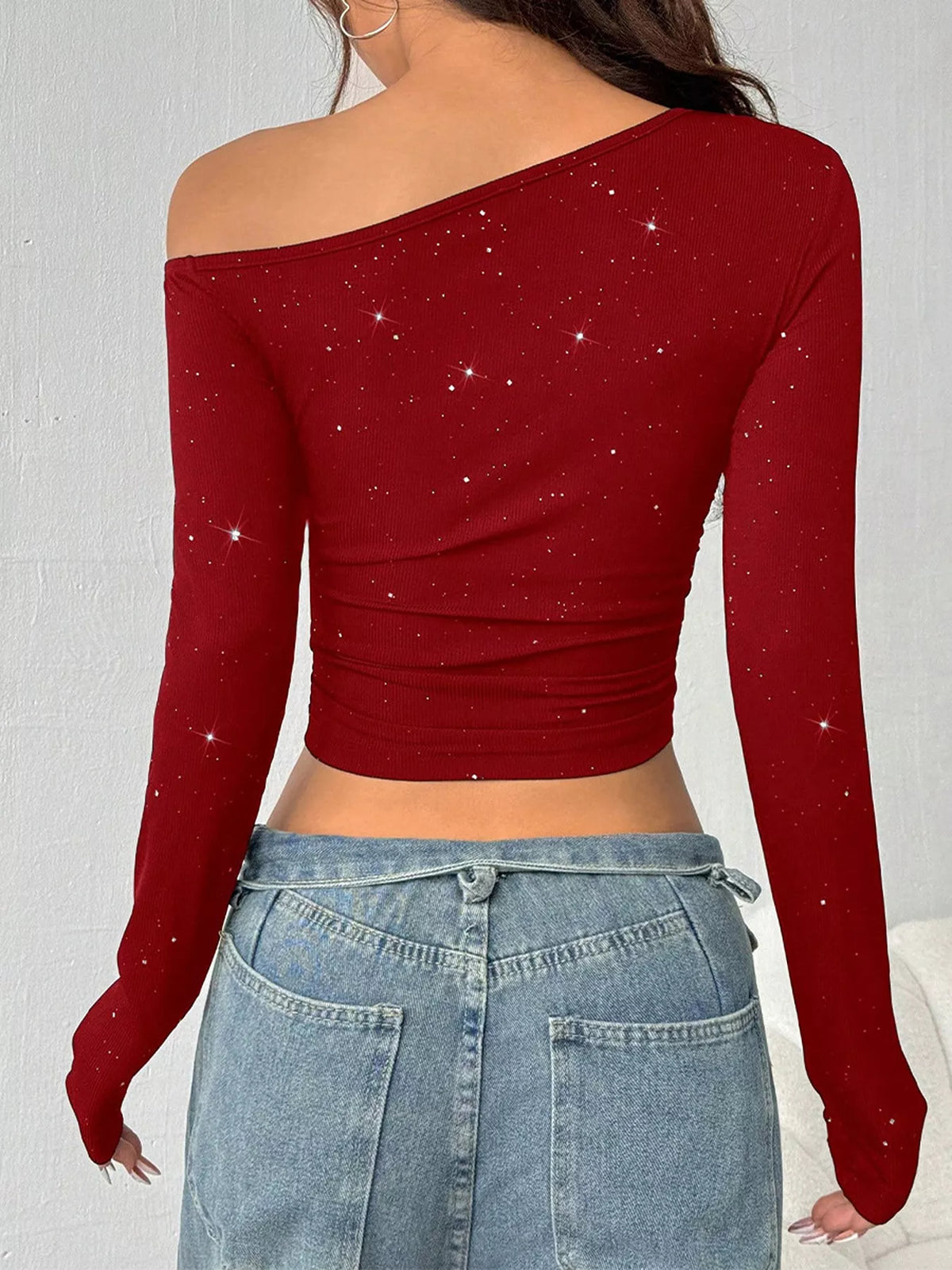 Glitter One-Shoulder Long Sleeve Crop T-Shirt, view 8