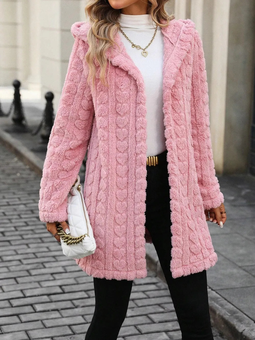 Heart Open Front Hooded Fuzzy Coat in Blush Pink, view 2