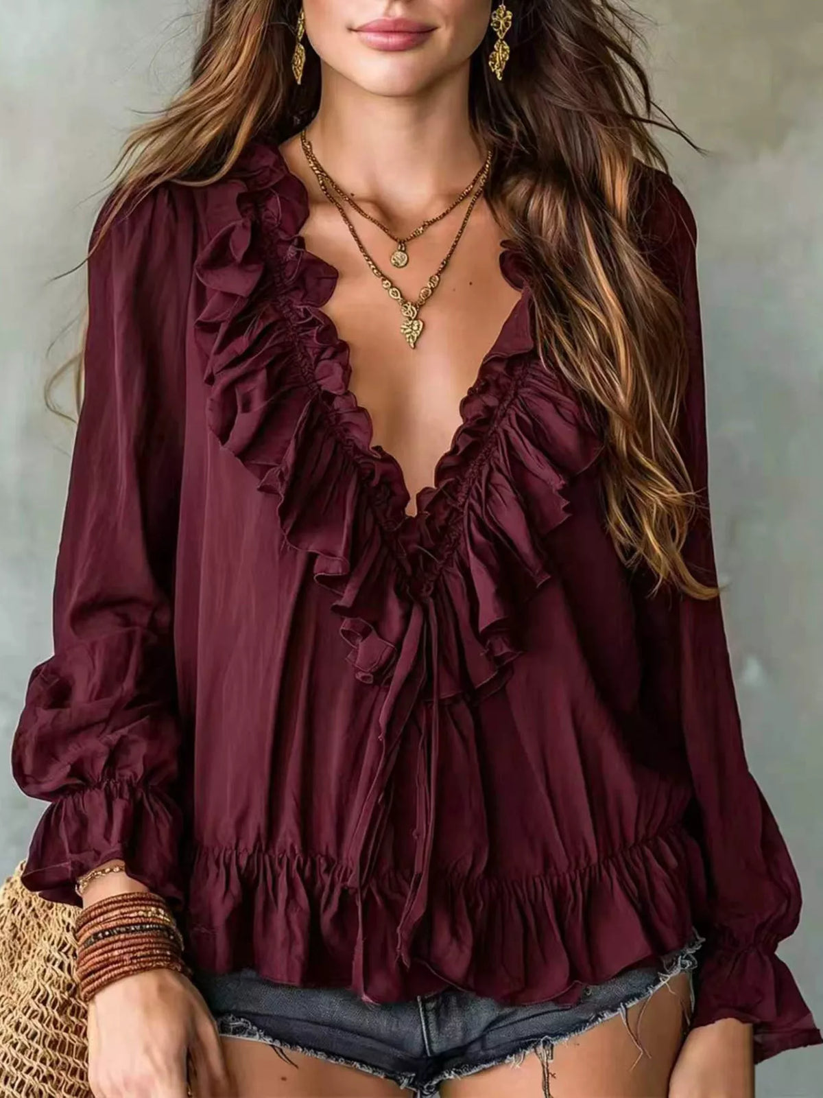 Ruffle V-Neck Long Sleeve Blouse in Burgundy