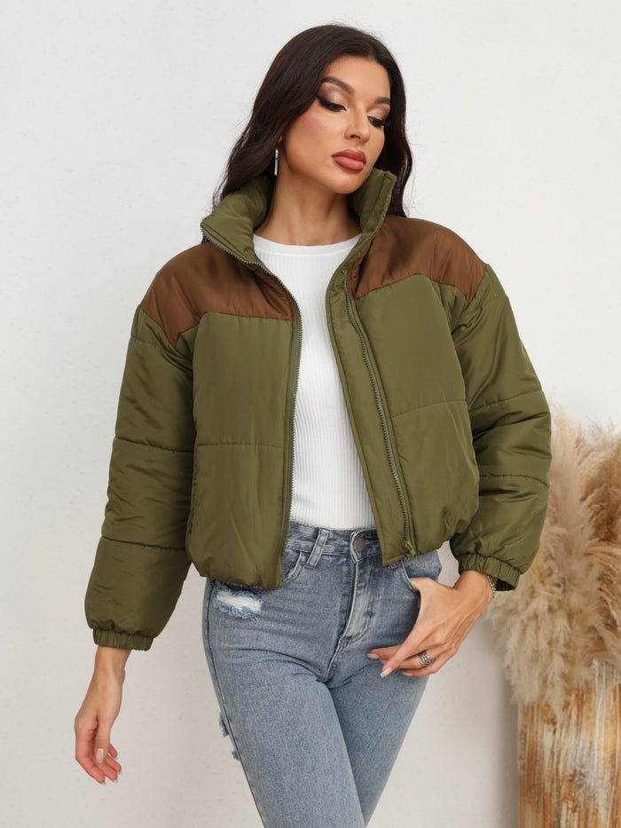 Two-Tone Zip-Up Puffer Jacket - Lilixa.store
