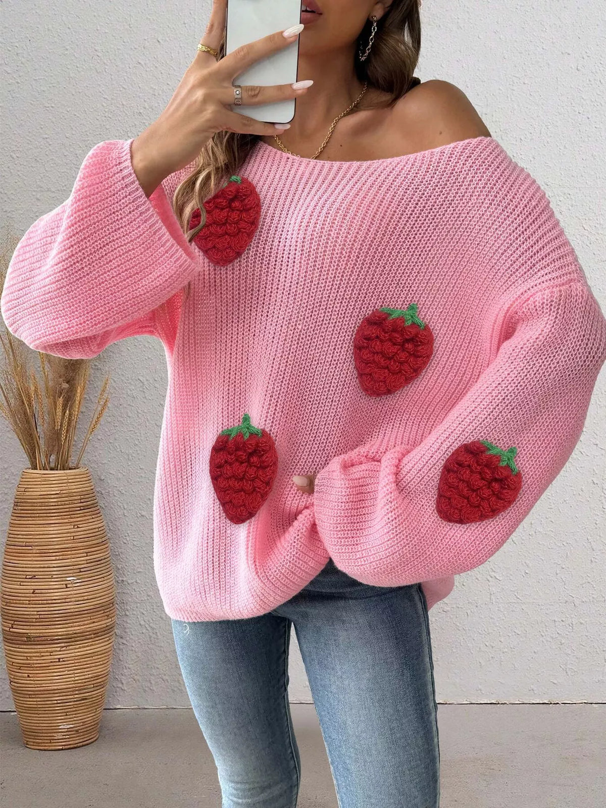 Strawberry Applique Oversized Sweater