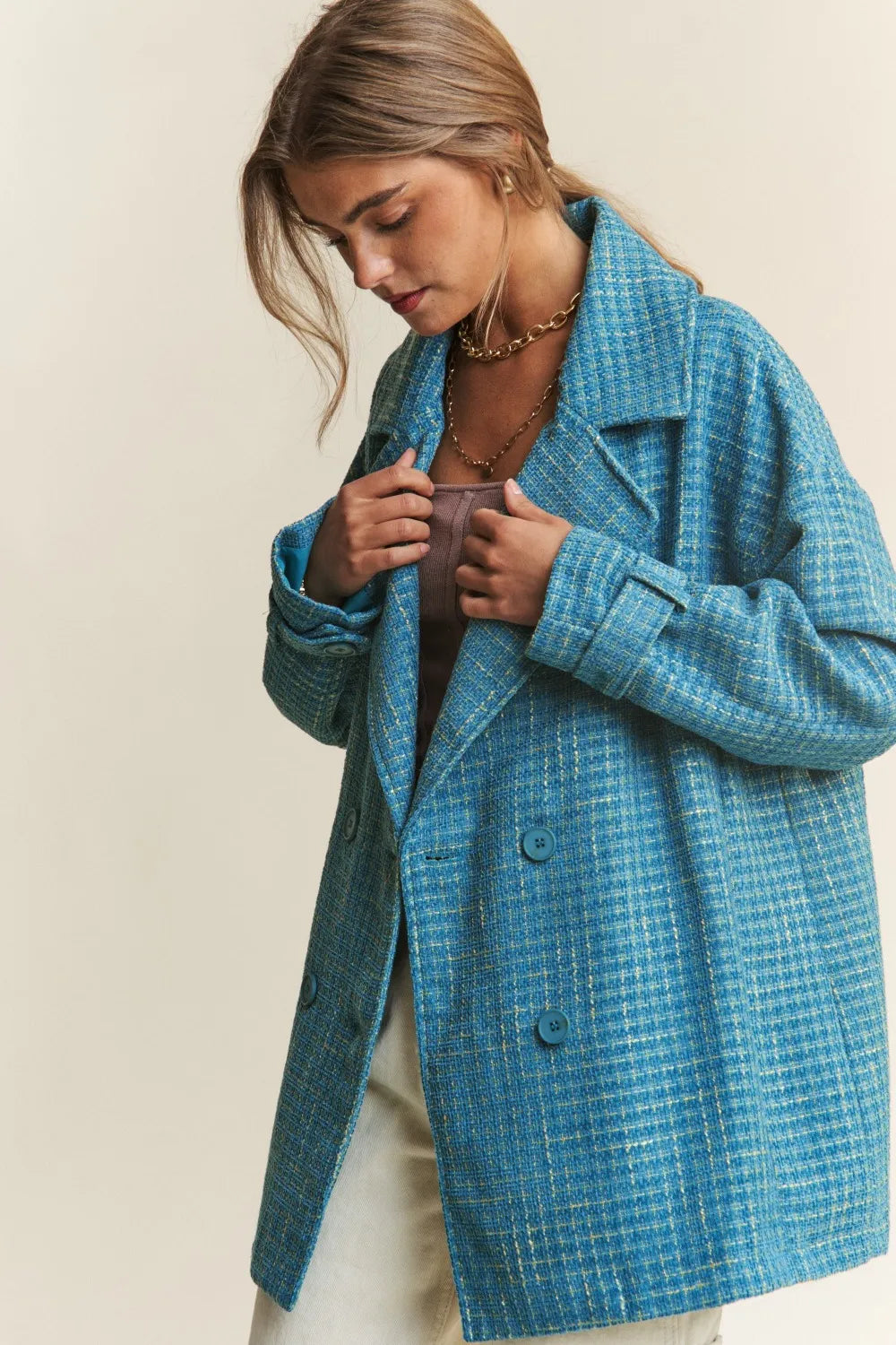 J.NNA Tweed Double-Breasted Long Sleeve Coat in Emerald Sea, view 5