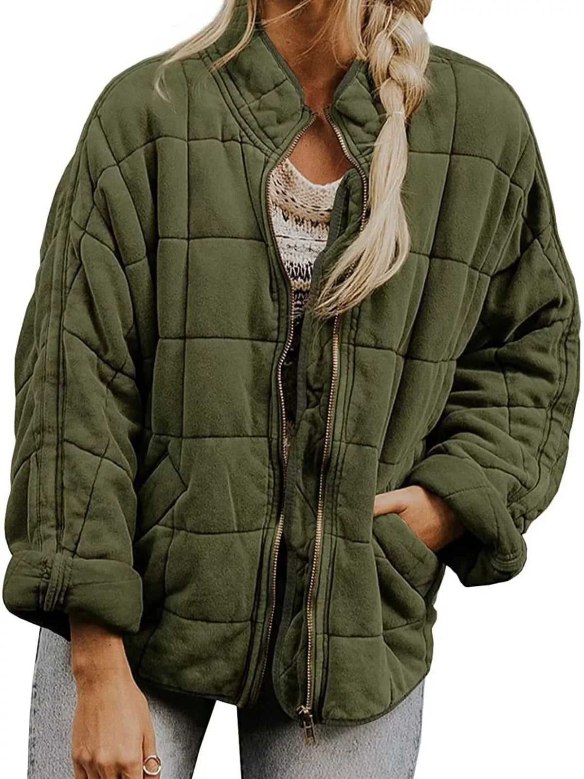 Quilted Zip Up Outerwear in Army Green