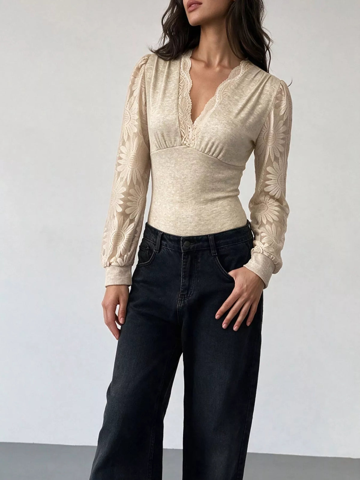 V-Neck Lace Trim Floral Mesh Sleeve Bodysuit - Lilixa.store