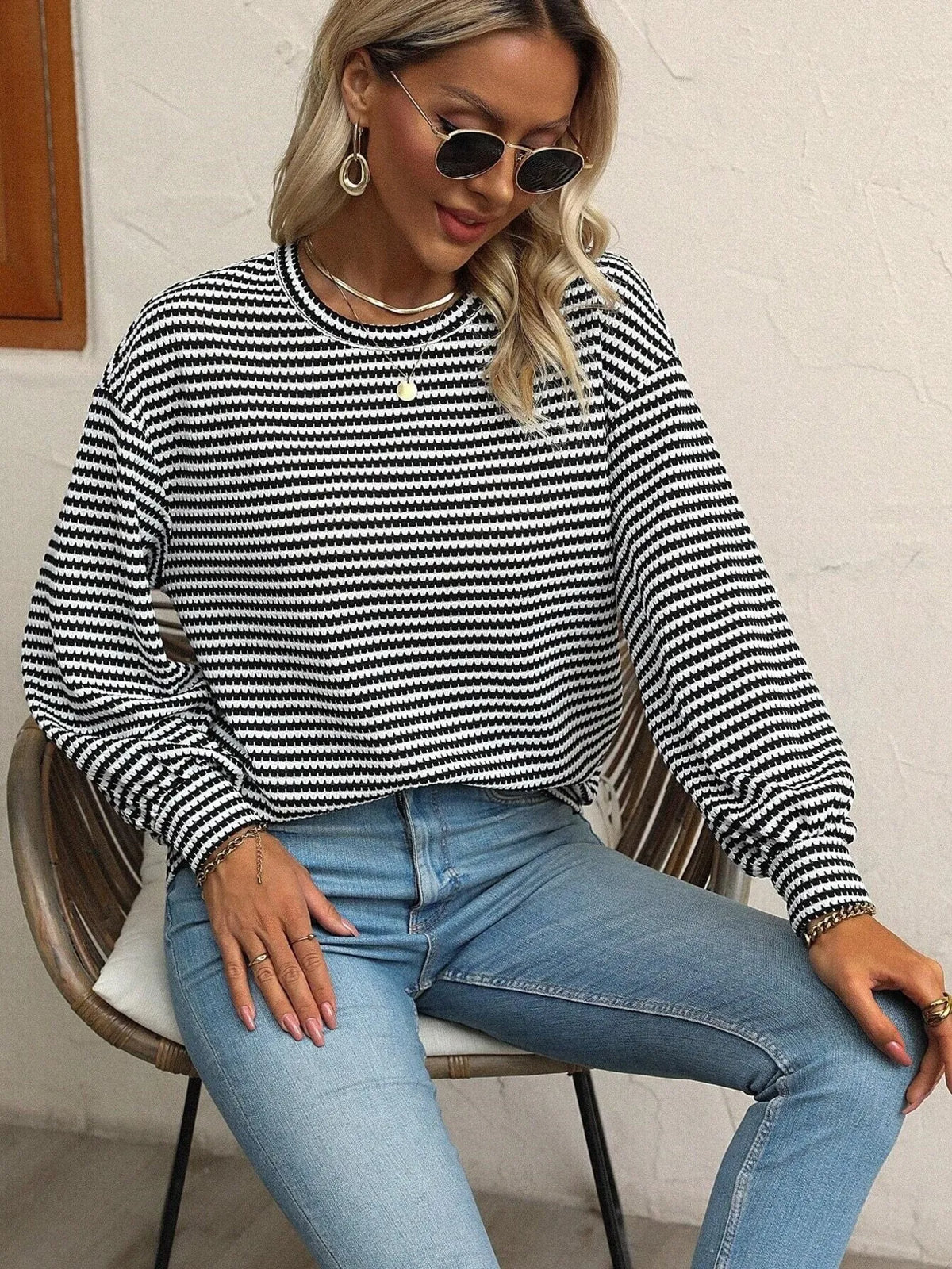 Striped Round Neck Lantern Sleeve Top - Lilixa.store