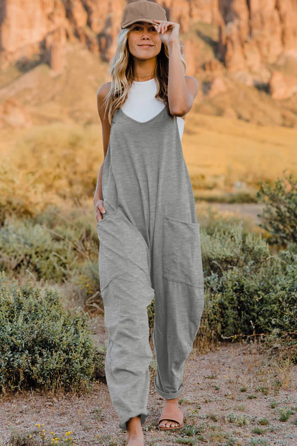 Double Take Full Size V-Neck Sleeveless Jumpsuit with Pockets - Lilixa.store