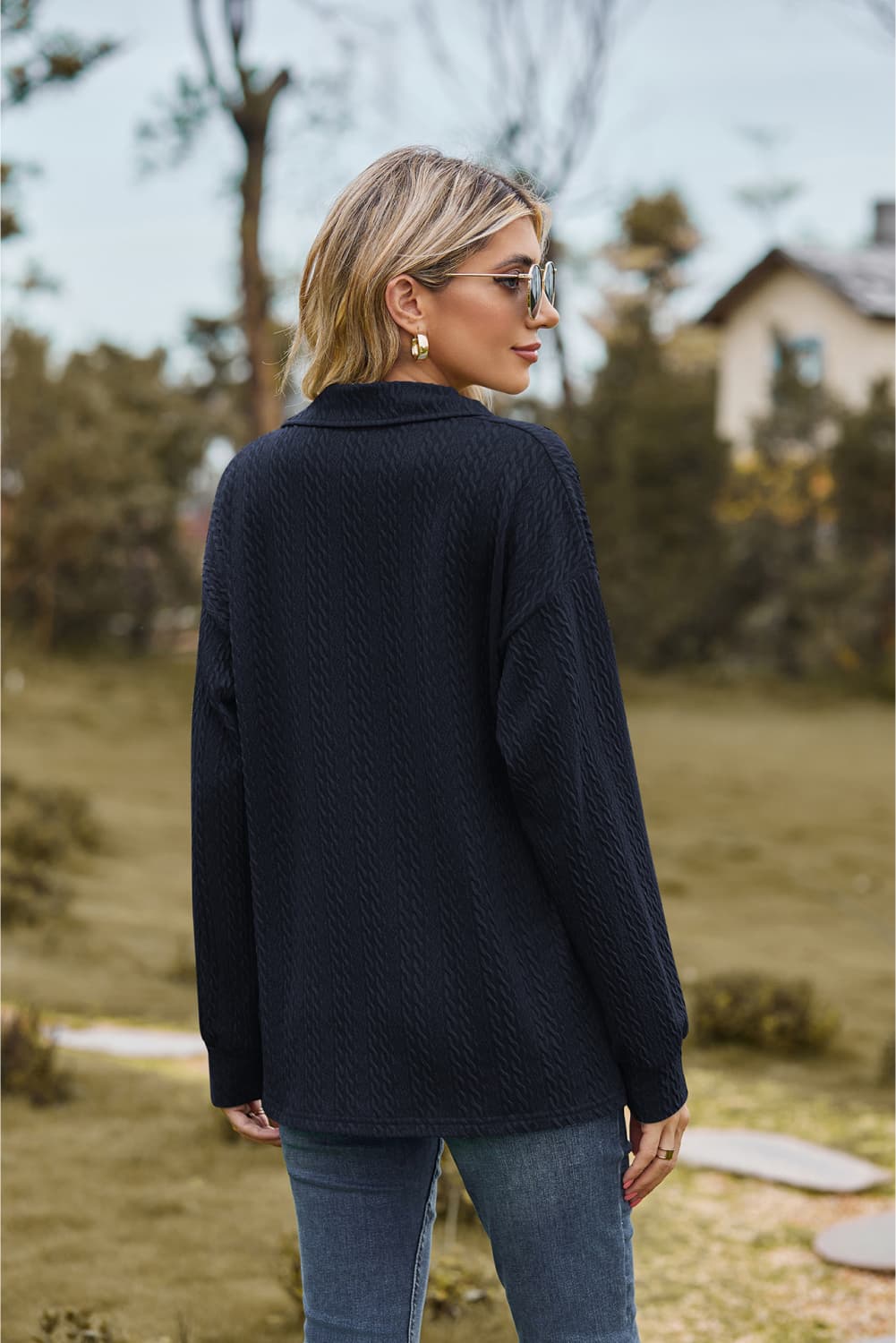 Collared Neck Cable-Knit Long Sleeve Blouse, view 16
