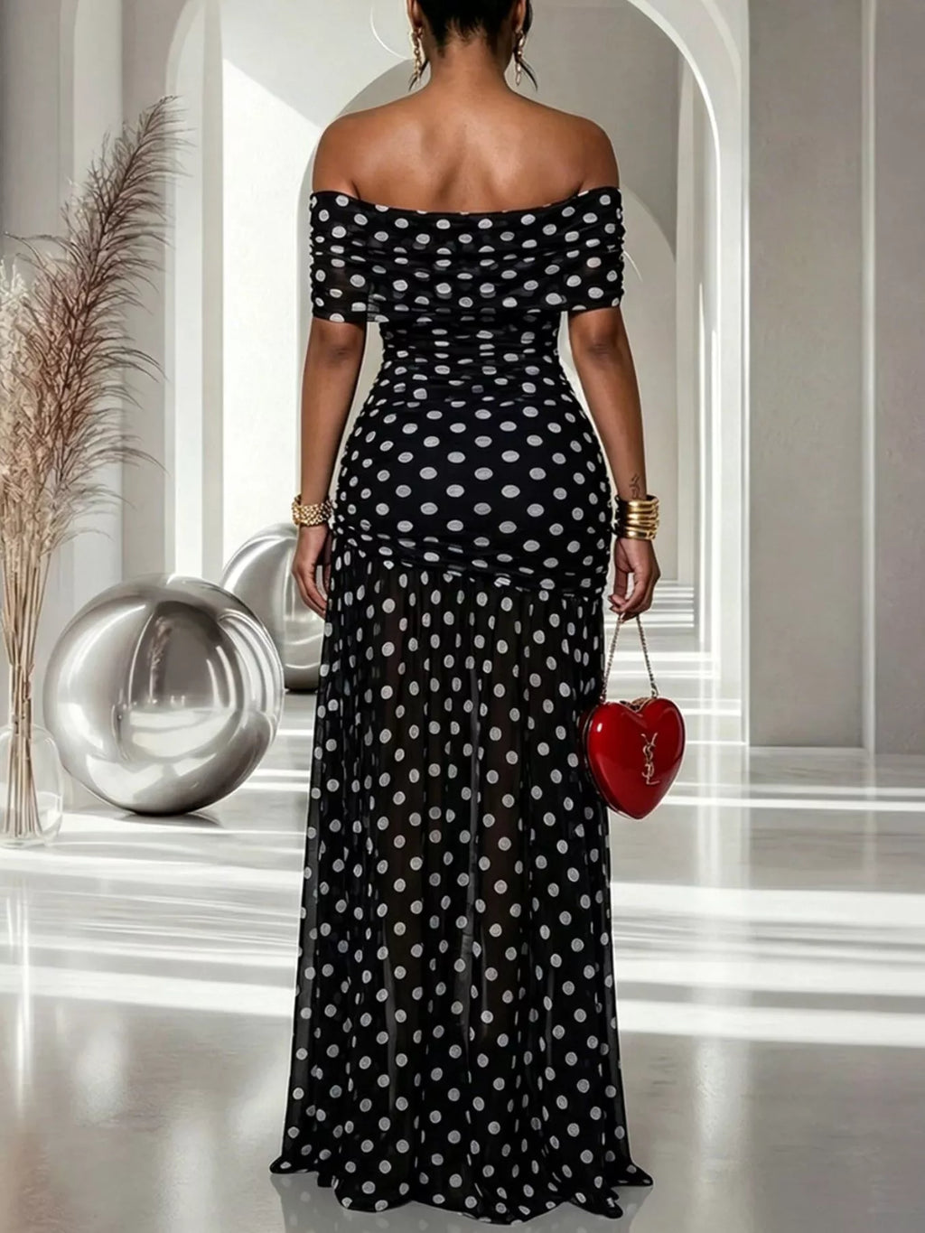Polka Dot Off Shoulder Slit Maxi Dress - Lilixa.store