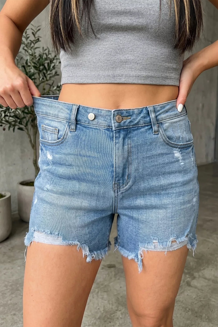 Asymmetric Raw Hem Distressed Whiskery Denim Shorts - Lilixa.store