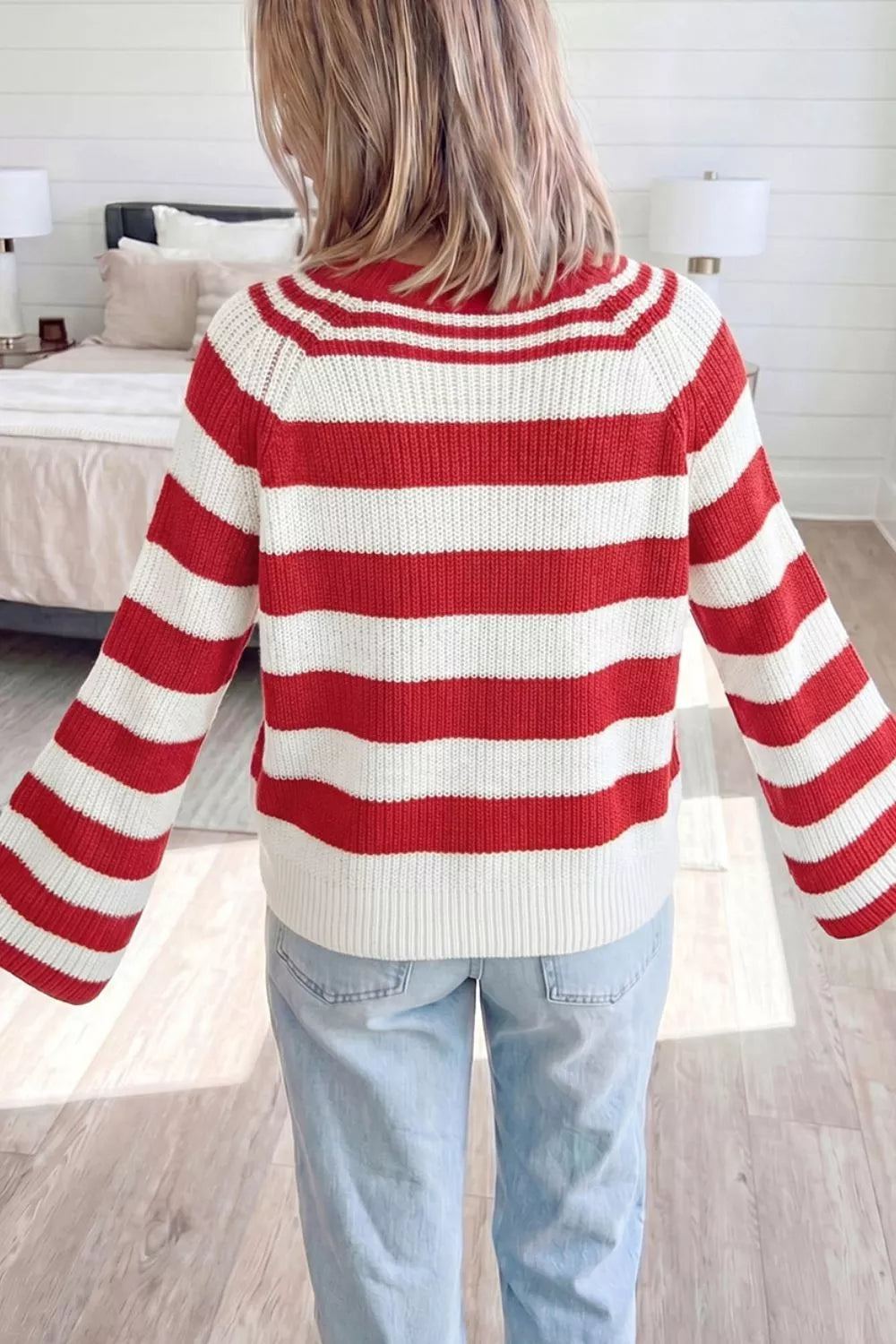 Striped Colorblock V Neck Long Sleeve Shift Sweater