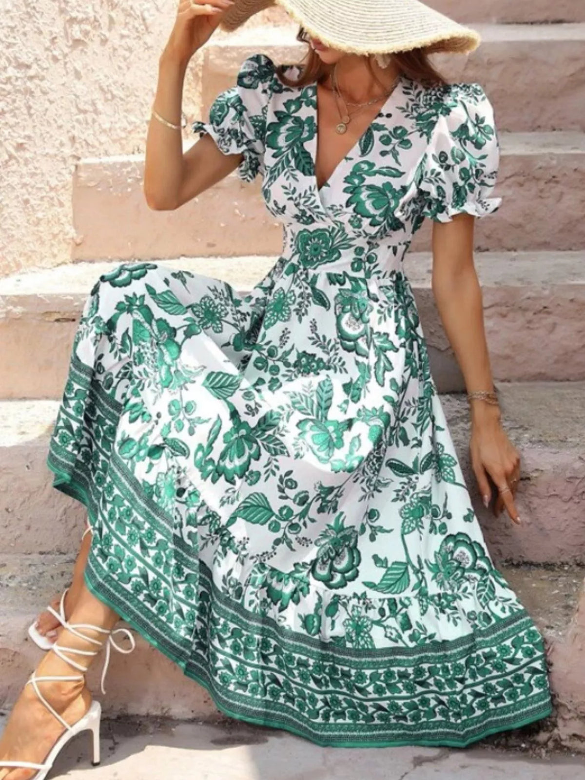 Floral Print Puff Sleeve Wrap Midi Dress