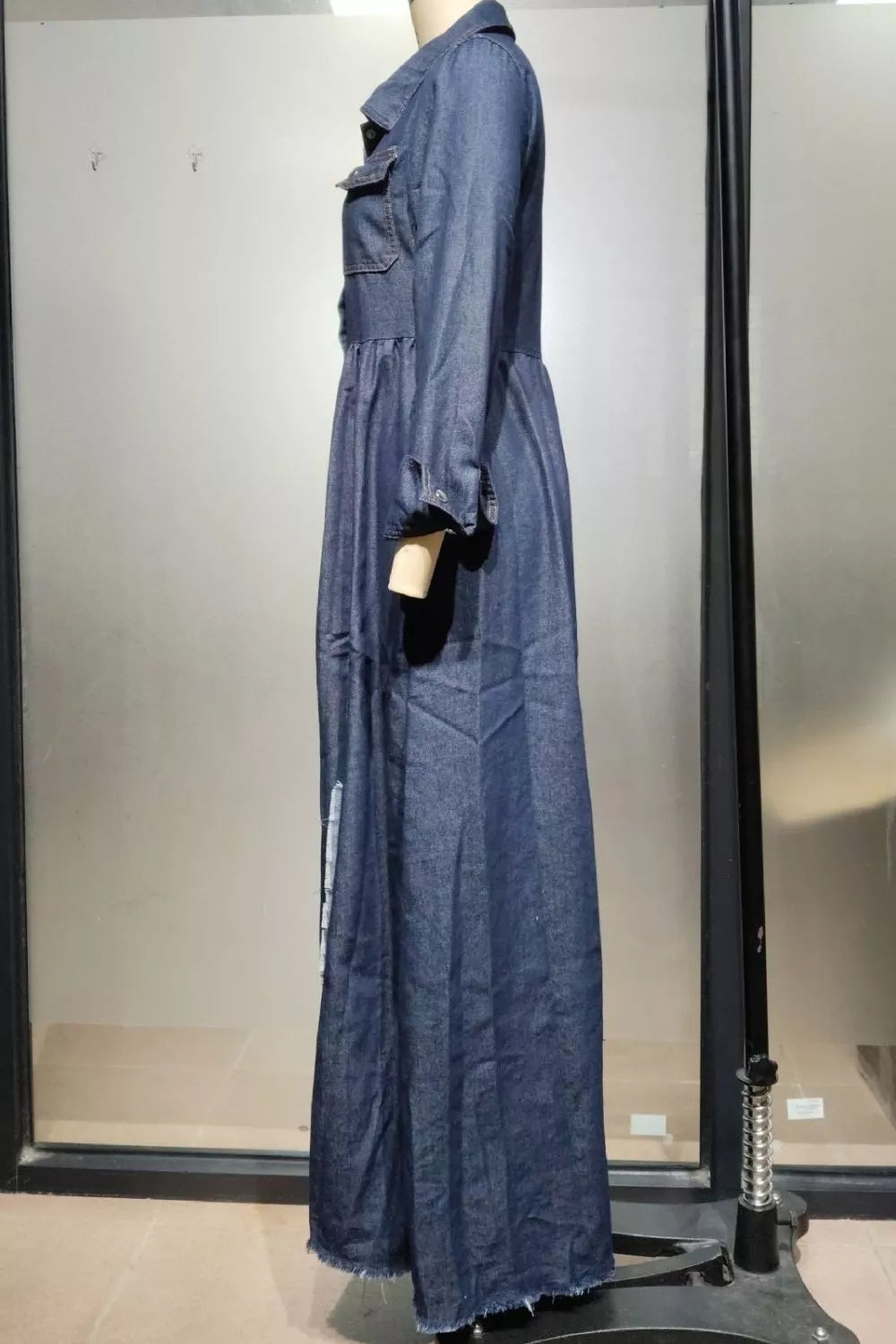Raw Hem Long-Sleeve Denim Maxi Dress in Dark Blue, view 6