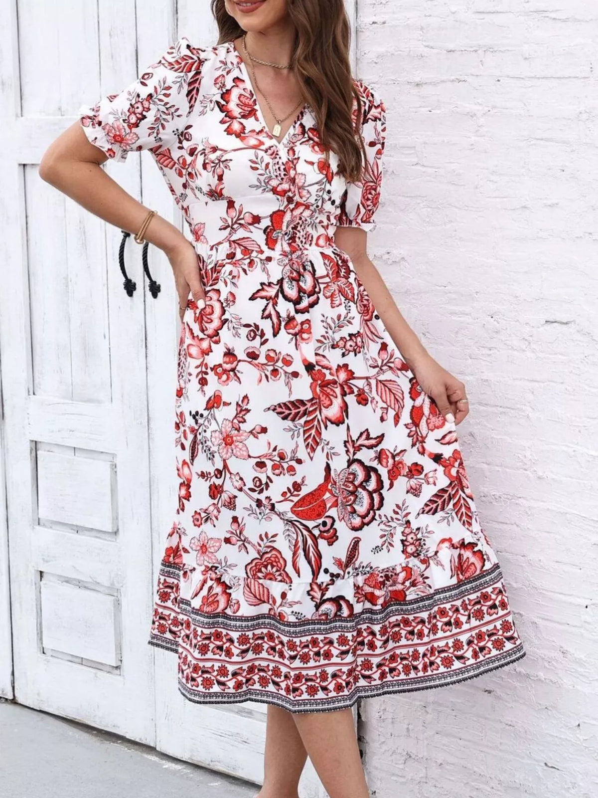 Floral Print Puff Sleeve Wrap Midi Dress