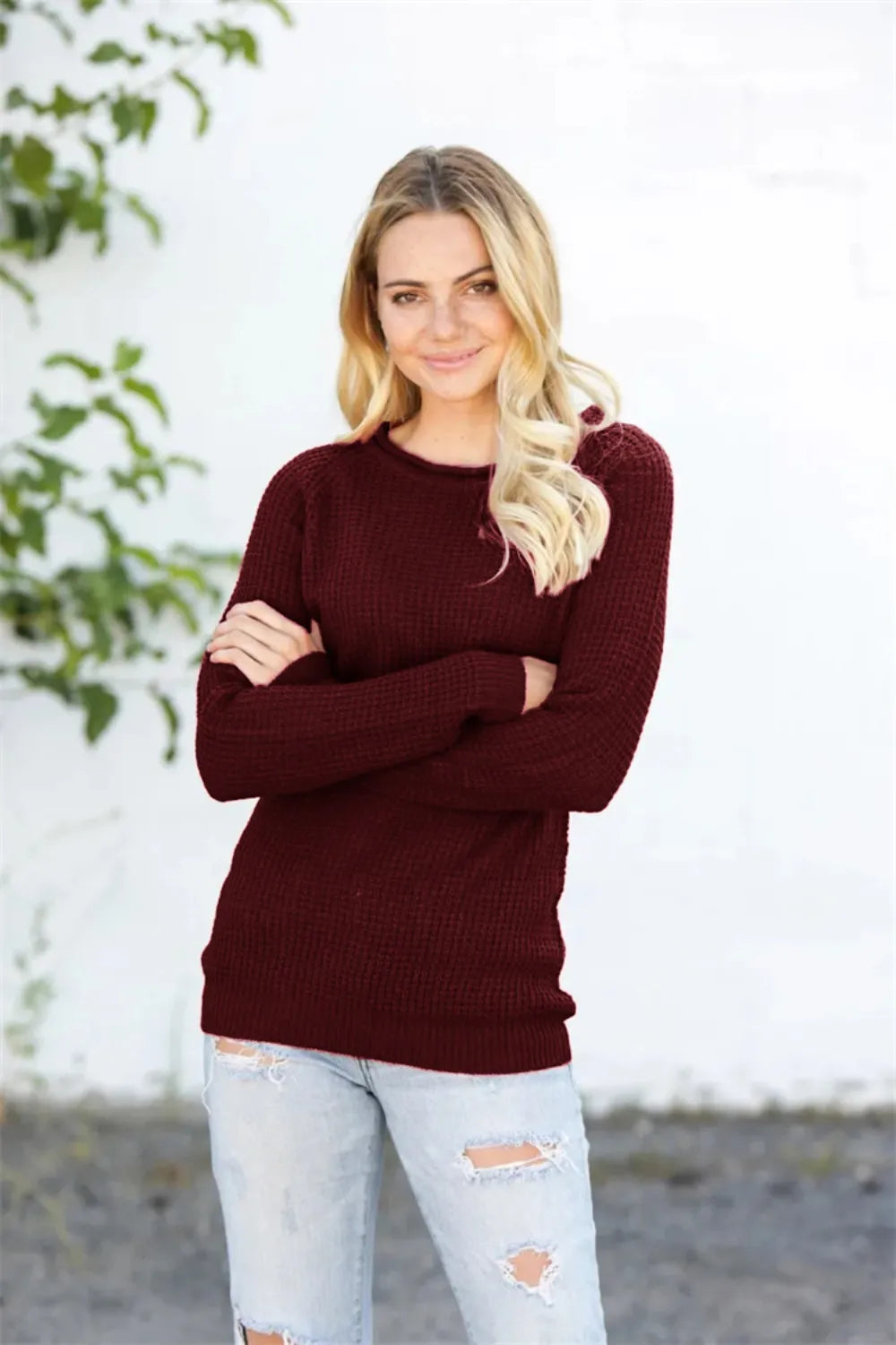 Round Neck Raglan Sleeve Sweater - Lilixa.store