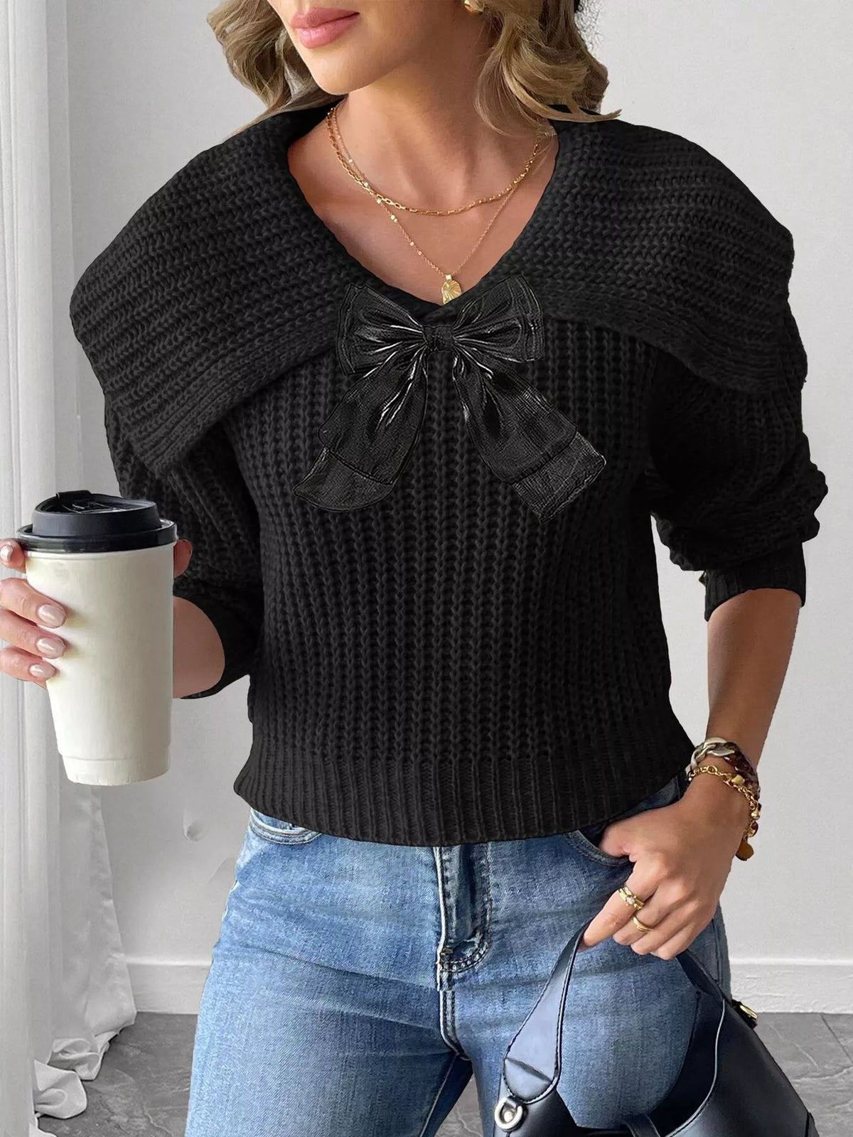 Contrast Bow Long Sleeve Sweater - Lilixa.store