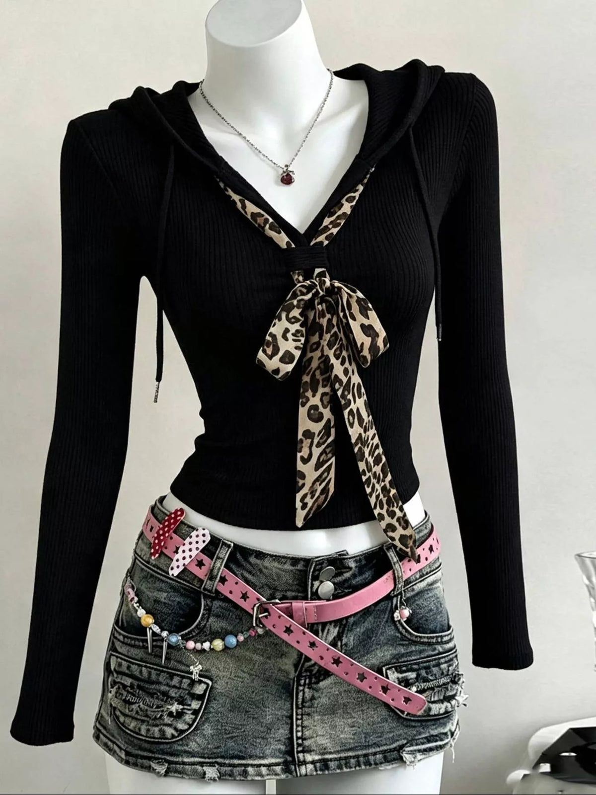 Long Sleeve Hooded T-Shirt with Leopard Scarf Detail - Lilixa.store