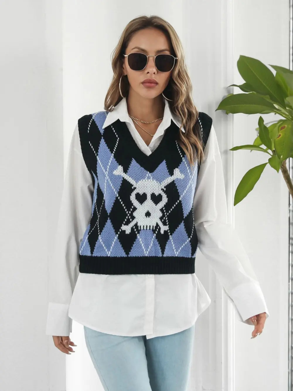 Skull Geometric V-Neck Sweater Vest in Black, view 3