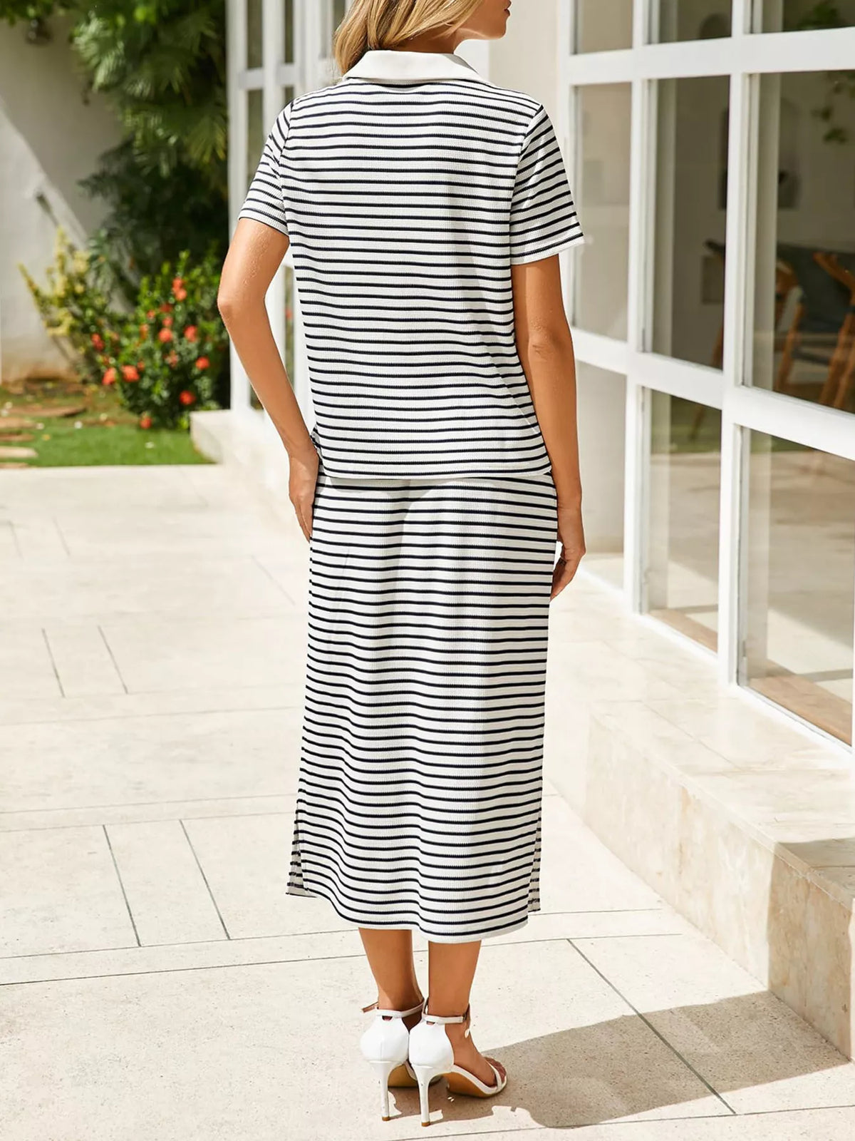 Striped Polo Collar Top and Slit Skirt Two-Piece Set, view 10