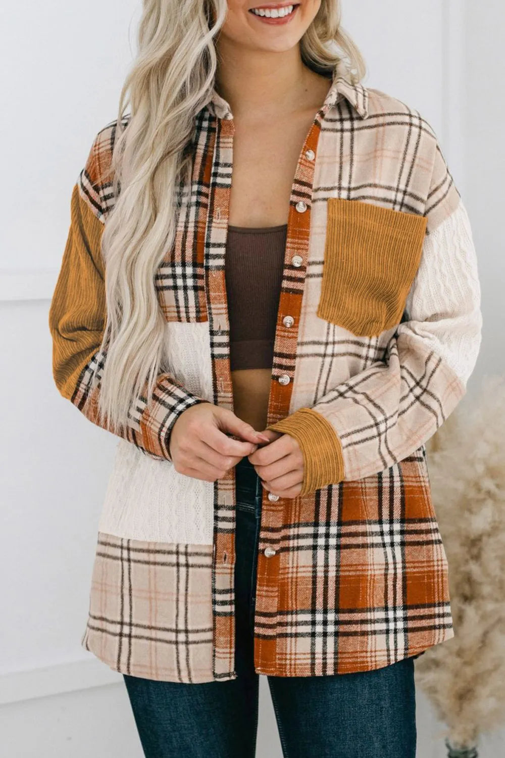 Plaid Button Up Long Sleeve Shacket in Sherbet