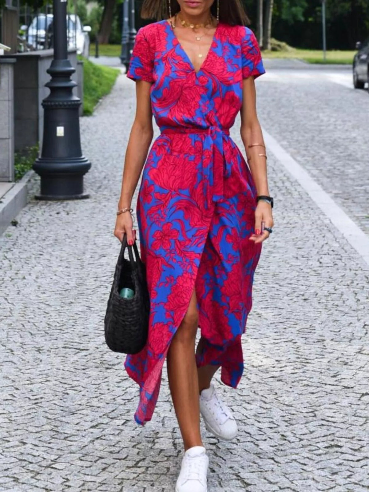 Full Size Slit Floral Print Short Sleeve Dress Plus Size - Lilixa.store