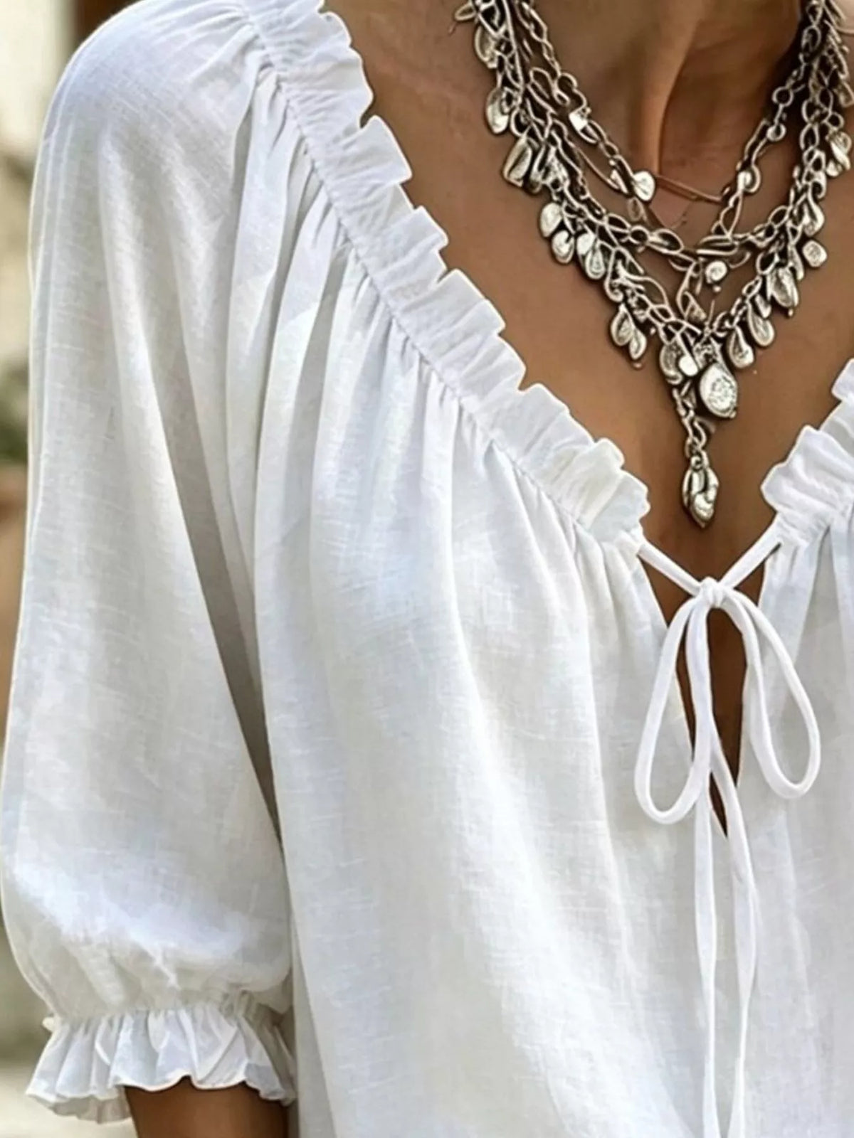 Frill Tie Neck 3/4 Sleeve Blouse - Lilixa.store