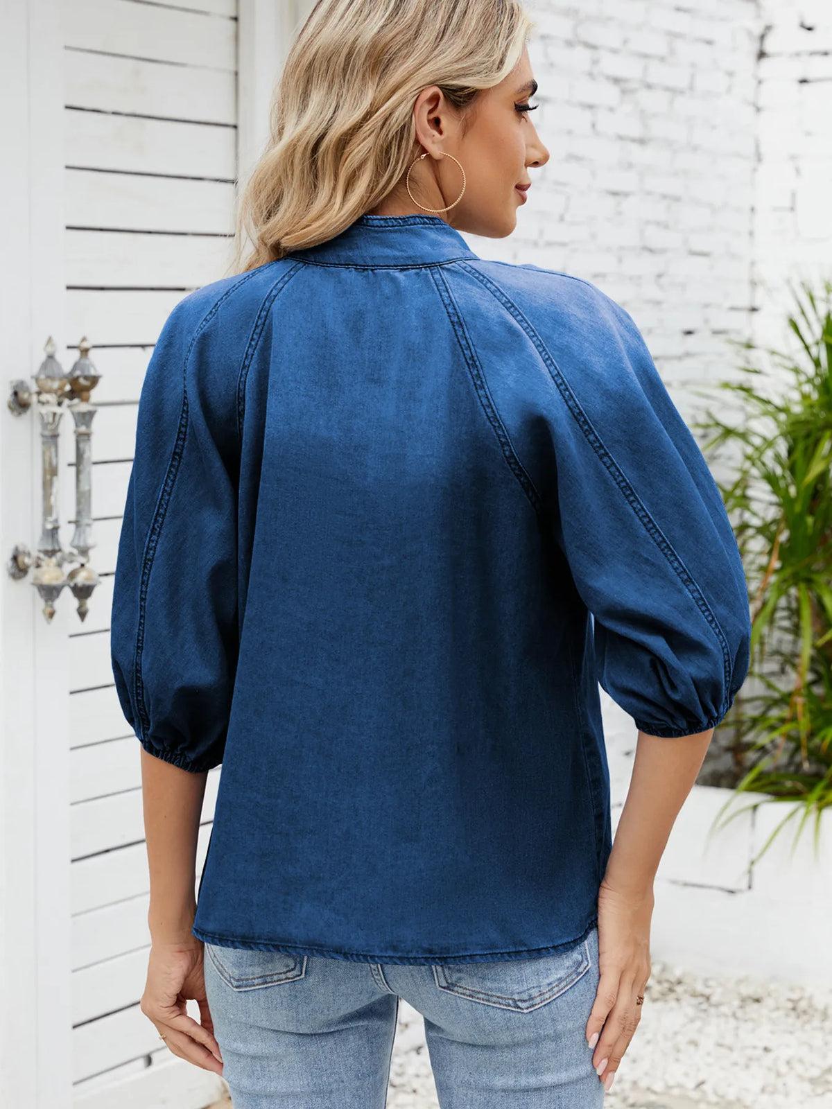 Denim Bow Tie Puff Sleeve Top - Lilixa.store