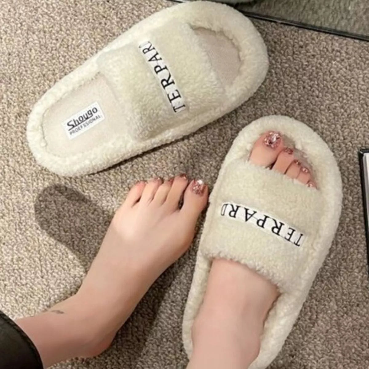 Fuzzy Plush Open Toe Slippers - Lilixa.store