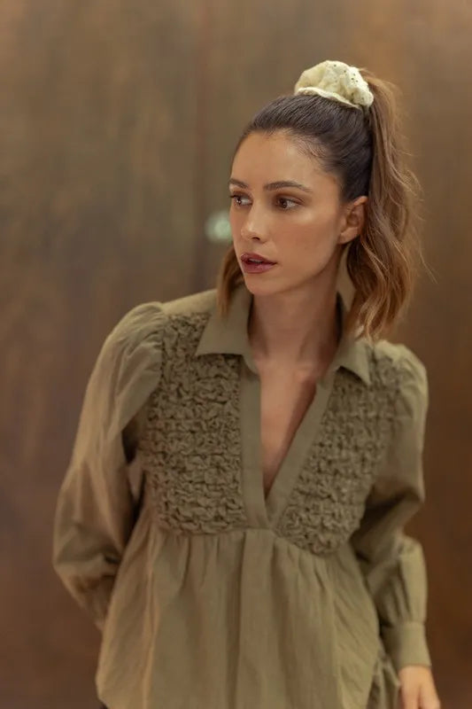 Annie Wear Smocked Front Long Sleeve Babydoll Blouse in Olive