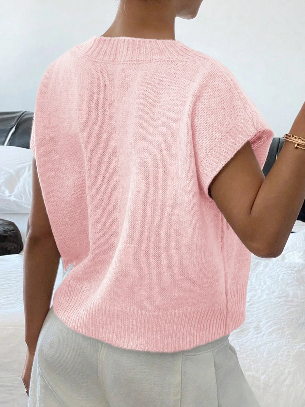 Ribbed Hem V-Neck Short Sleeve Sweater - Lilixa.store