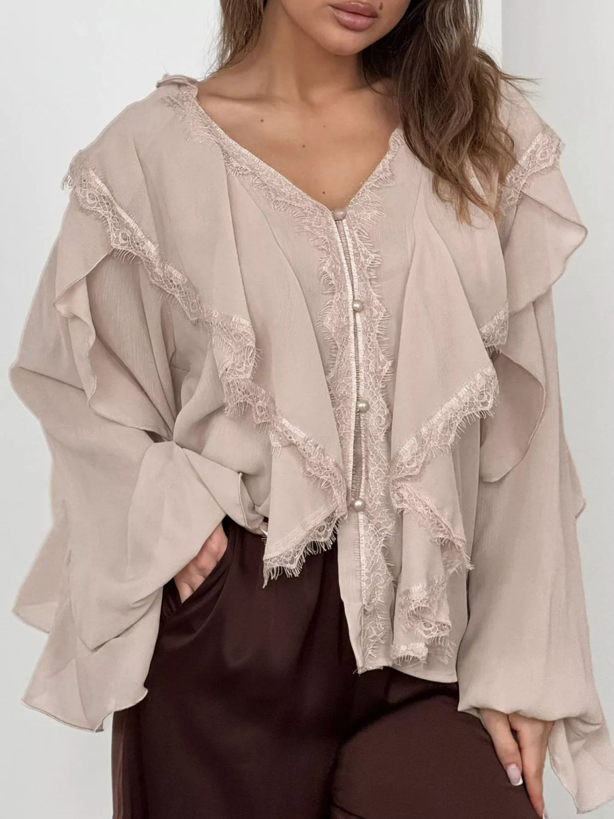 V-Neck Ruffled Lace Trim Blouse in Khaki