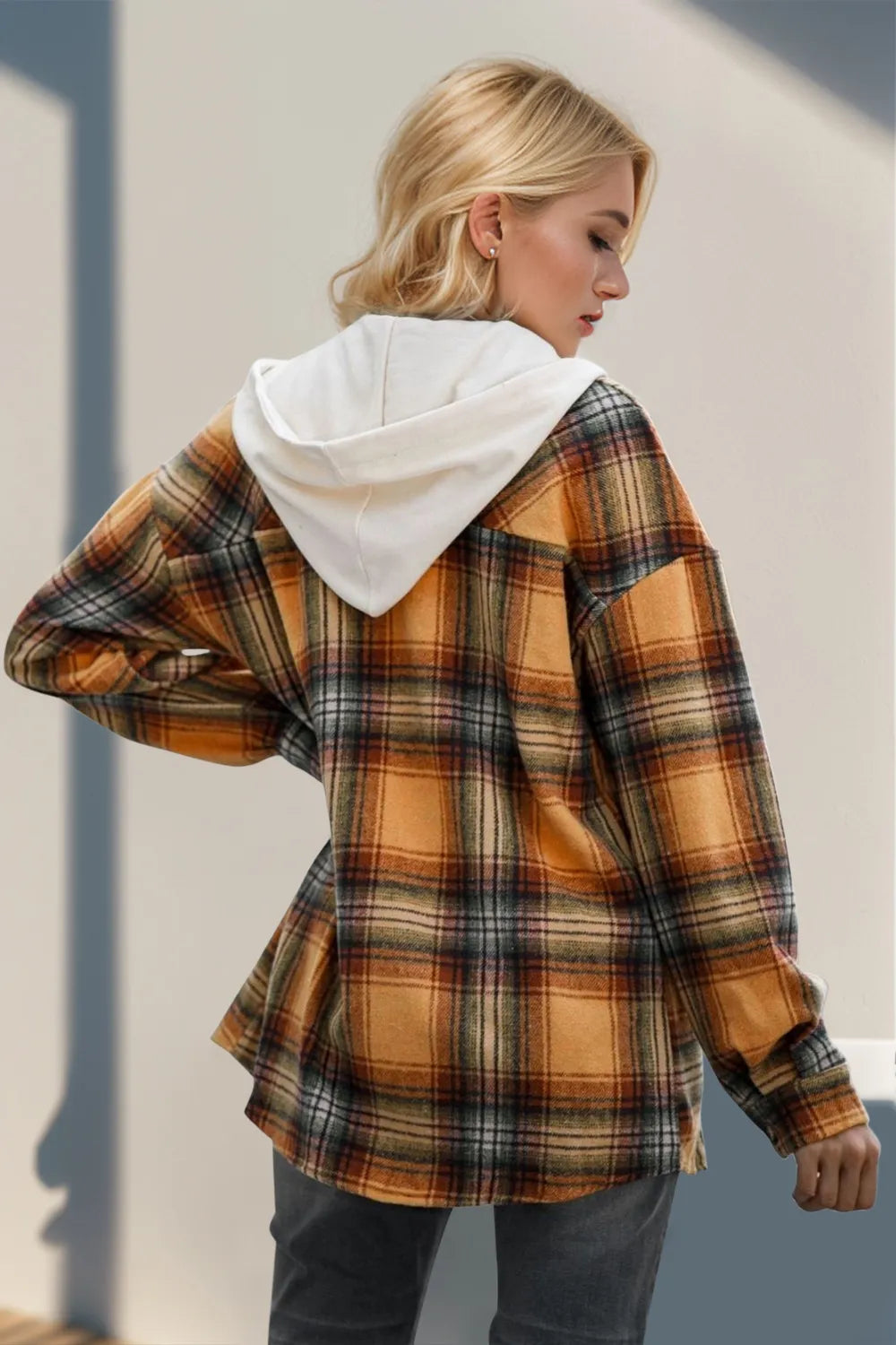 Double Take Drawstring Plaid Long Sleeve Hooded Shacket - Lilixa.store