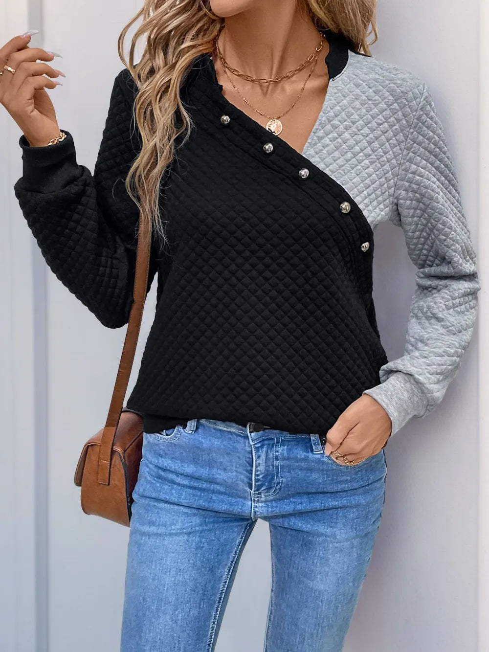 Perfee Decorative Button Contrast Long Sleeve Sweatshirt - Lilixa.store
