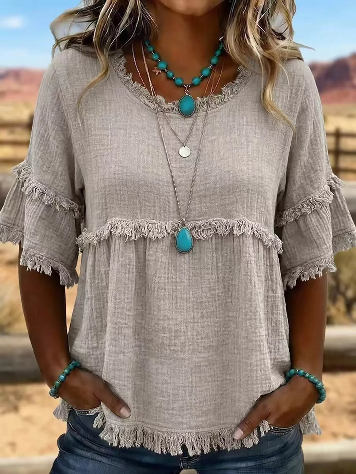 Full Size Frayed Edge Textured Blouse Plus Size in Gray