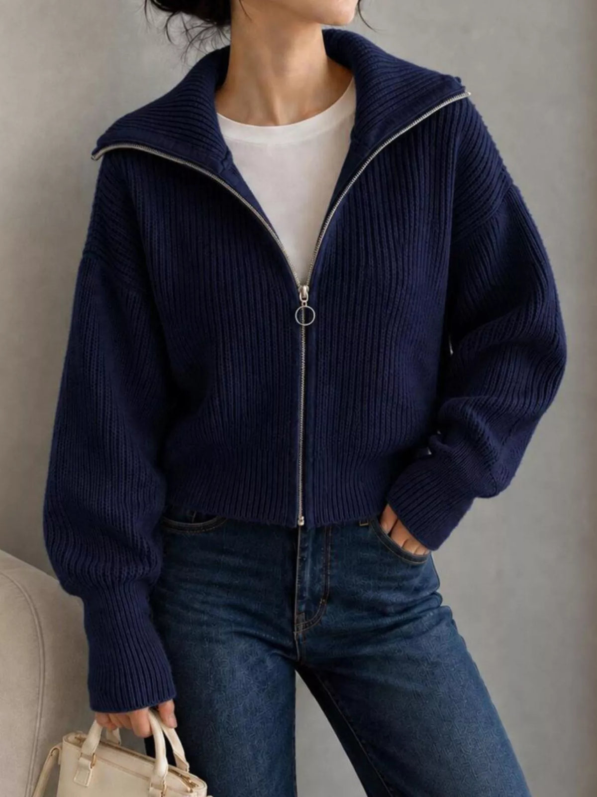 Zip Up Dropped Shoulder Cardigan - Lilixa.store
